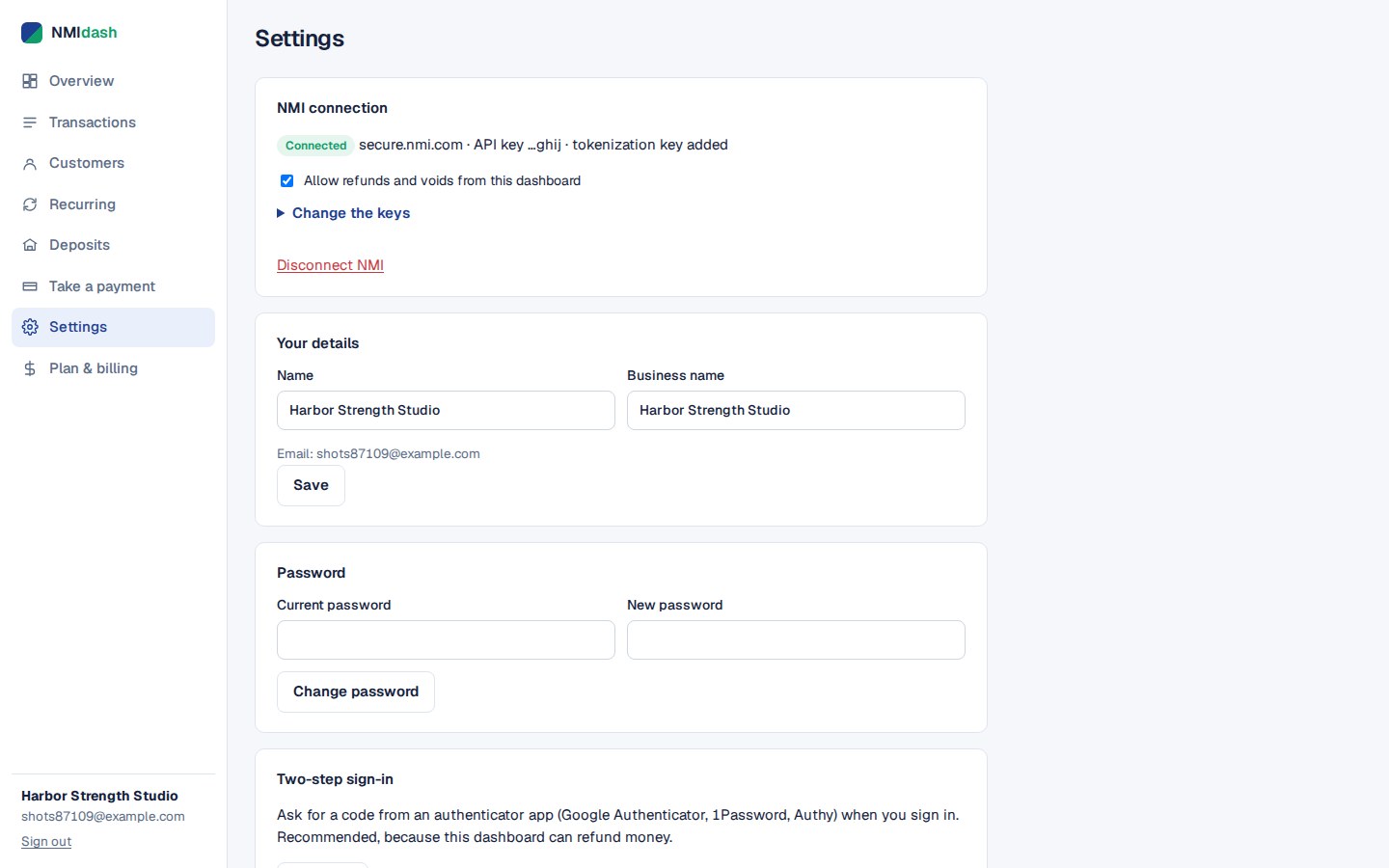 Settings & security screen in NMIdash